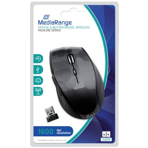 Mouse ottico Media Range 5 pulsanti, serie highline, wireless 1600 dpi carbonio/nero - MROS207